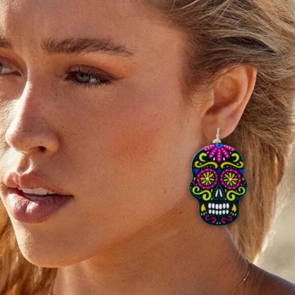 BOGO DEAL NEW ETSY ACRYLIC CUT SUGAR SKULL HALLOWEEN EARRINGS HYPOALLERGENIC - Picture 5 of 6